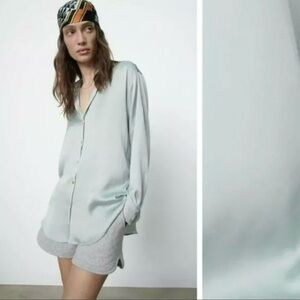 Zara Sea Green Satin Effect Shirt Size XL